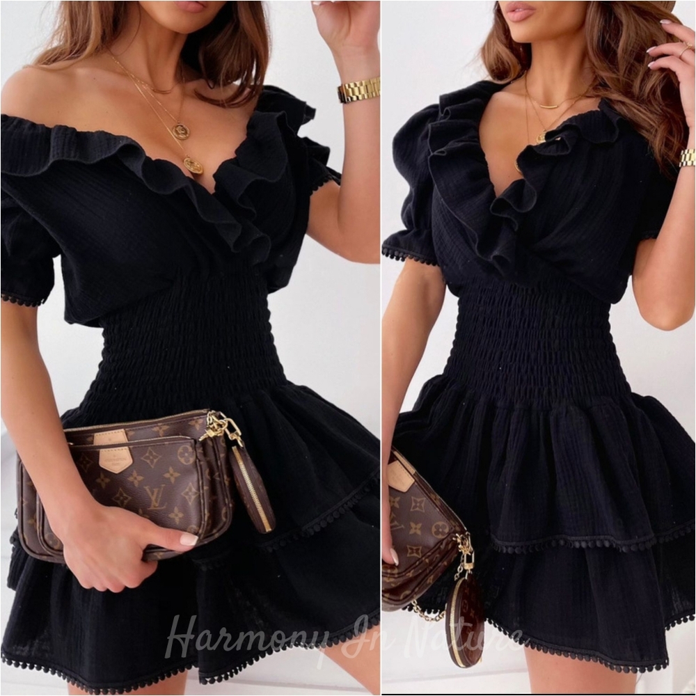 Harmony In Nature Black Ruffled Off-Shoulder Mini Dress